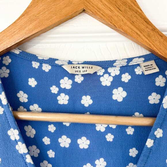 Jack Wills Erin Tie Front Blue Floral Mini Short Sleeve Dress Women’s Size 8 - Picture 4 of 7
